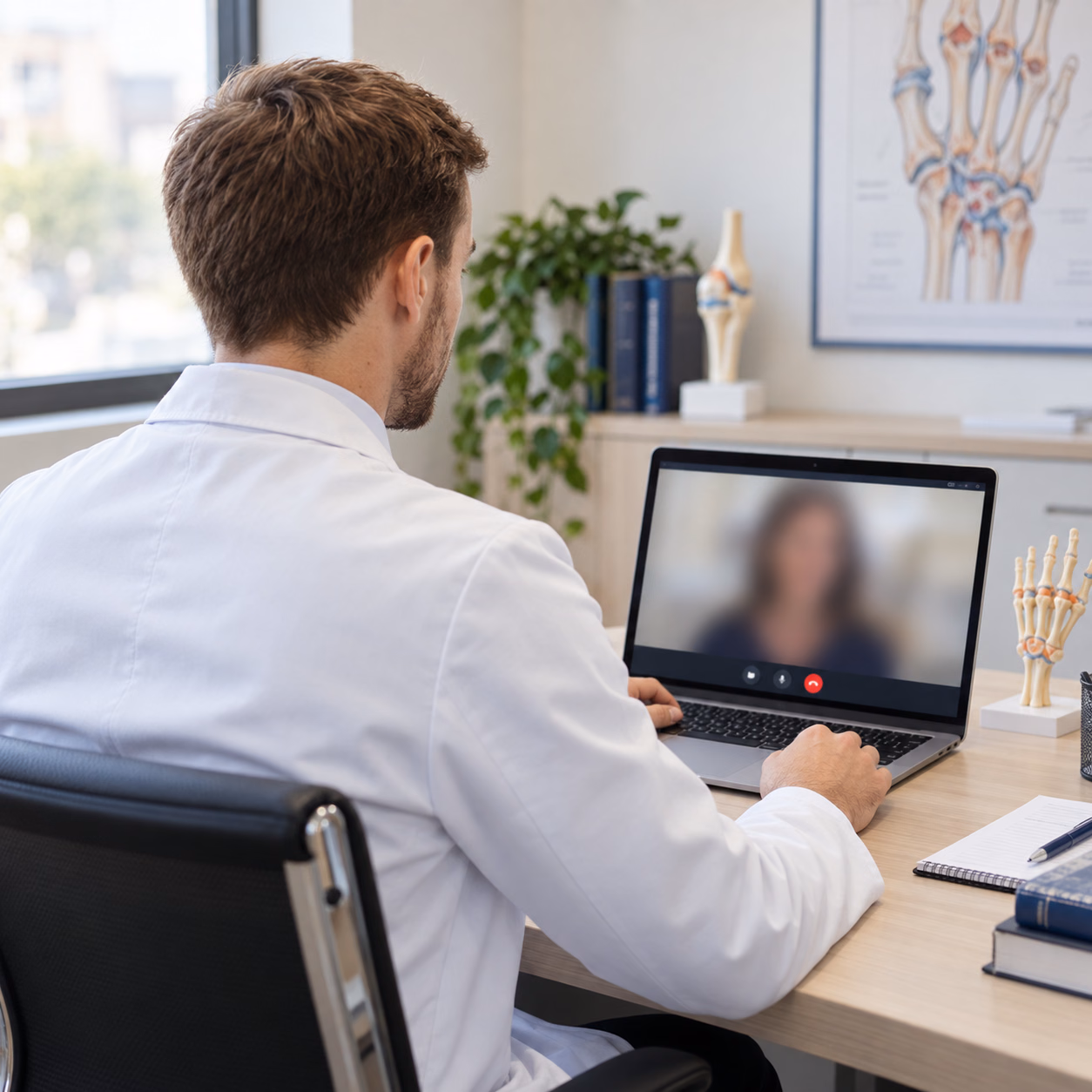 Dr. Leonardo Zambom de costas em teleconsulta, com paciente desfocado na tela do notebook
